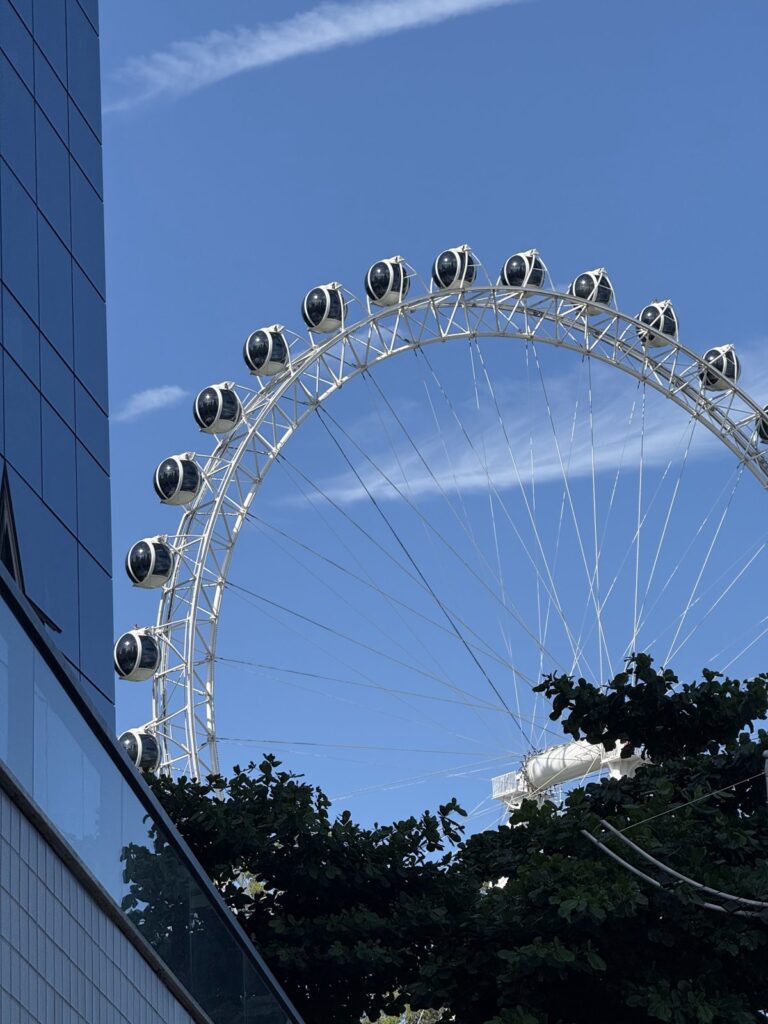 The FG Big Wheel at Pontal Norte against a blue sky, next to a tower