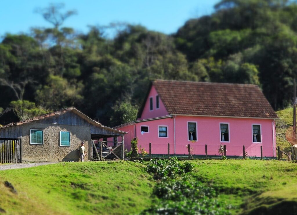 A pink house and an older timber house on a green slope in Rancho Queimado